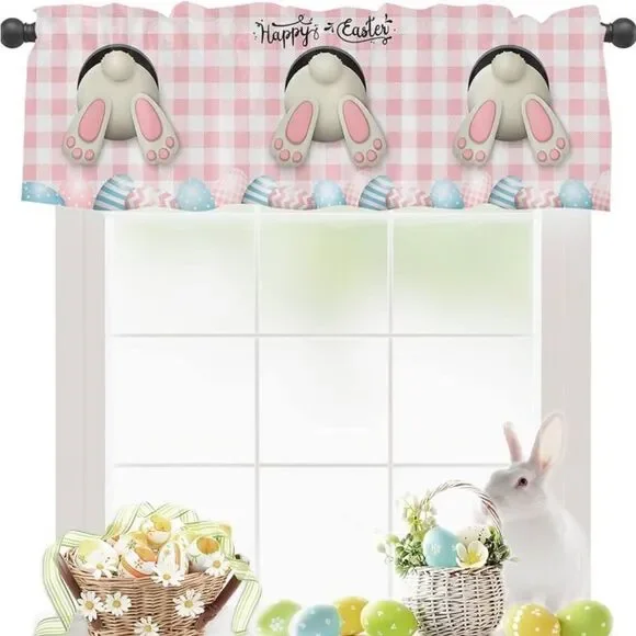 Easter Curtain Valances for Windows, Bunny Easter Eggs Floral Spring Pink Plaid - Picture 1 of 8